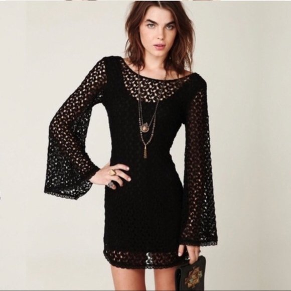 Free People Dresses & Skirts - Free People Gypsy Black Crochet Bell Sleeve Dress